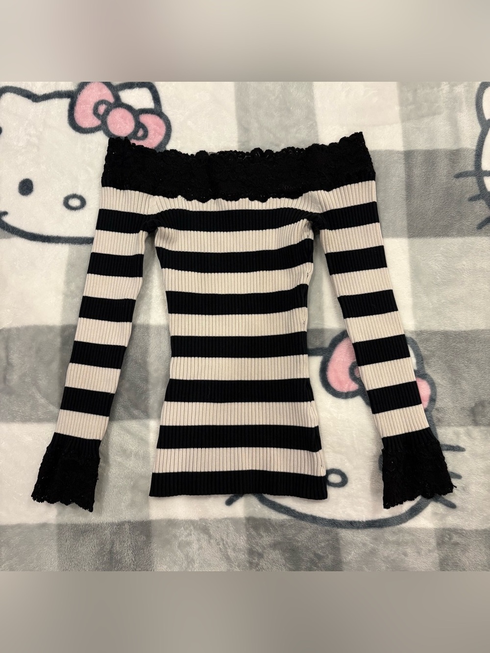 Y2K Bebe Black & White Striped Lace Off Shoulder Top